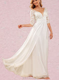 Kenya A-Line V-neck Floor-Length Chiffon Lace Wedding Dress With Ruffle Sequins UKP0017638