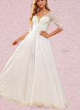 Kenya A-Line V-neck Floor-Length Chiffon Lace Wedding Dress With Ruffle Sequins UKP0017638