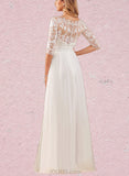 Kenya A-Line V-neck Floor-Length Chiffon Lace Wedding Dress With Ruffle Sequins UKP0017638