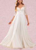 Kenya A-Line V-neck Floor-Length Chiffon Lace Wedding Dress With Ruffle Sequins UKP0017638