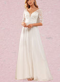 Kenya A-Line V-neck Floor-Length Chiffon Lace Wedding Dress With Ruffle Sequins UKP0017638