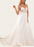 Trudie A-Line V-neck Sweep Train Chiffon Lace Wedding Dress With Beading Sequins UKP0017639