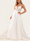 Trudie A-Line V-neck Sweep Train Chiffon Lace Wedding Dress With Beading Sequins UKP0017639