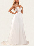 Trudie A-Line V-neck Sweep Train Chiffon Lace Wedding Dress With Beading Sequins UKP0017639