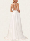 Trudie A-Line V-neck Sweep Train Chiffon Lace Wedding Dress With Beading Sequins UKP0017639