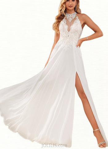 Gillian A-Line High Neck Floor-Length Chiffon Lace Wedding Dress With Beading Sequins UKP0017640