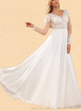 Patience A-Line V-neck Floor-Length Chiffon Lace Wedding Dress With Sequins UKP0017642