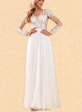 Patience A-Line V-neck Floor-Length Chiffon Lace Wedding Dress With Sequins UKP0017642