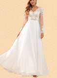 Patience A-Line V-neck Floor-Length Chiffon Lace Wedding Dress With Sequins UKP0017642