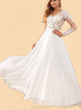 Patience A-Line V-neck Floor-Length Chiffon Lace Wedding Dress With Sequins UKP0017642