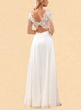 Patience A-Line V-neck Floor-Length Chiffon Lace Wedding Dress With Sequins UKP0017642