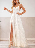 Iris A-Line V-neck Floor-Length Lace Wedding Dress UKP0017645