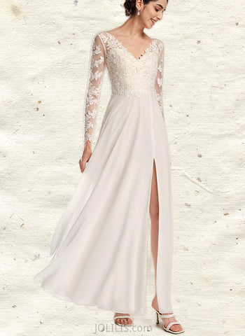 Vicky A-Line V-neck Floor-Length Chiffon Lace Wedding Dress UKP0017647