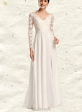 Vicky A-Line V-neck Floor-Length Chiffon Lace Wedding Dress UKP0017647