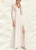 Vicky A-Line V-neck Floor-Length Chiffon Lace Wedding Dress UKP0017647