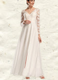 Vicky A-Line V-neck Floor-Length Chiffon Lace Wedding Dress UKP0017647