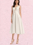 Jayleen A-Line V-neck Tea-Length Satin Lace Wedding Dress UKP0017649