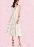 Jayleen A-Line V-neck Tea-Length Satin Lace Wedding Dress UKP0017649