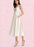 Jayleen A-Line V-neck Tea-Length Satin Lace Wedding Dress UKP0017649