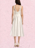 Jayleen A-Line V-neck Tea-Length Satin Lace Wedding Dress UKP0017649