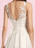 Jayleen A-Line V-neck Tea-Length Satin Lace Wedding Dress UKP0017649