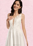 Jayleen A-Line V-neck Tea-Length Satin Lace Wedding Dress UKP0017649