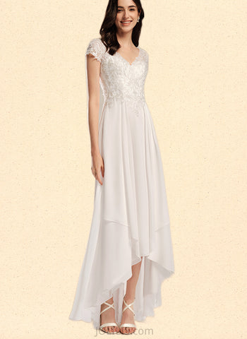 Libby A-Line V-neck Asymmetrical Chiffon Lace Wedding Dress UKP0017650