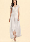 Libby A-Line V-neck Asymmetrical Chiffon Lace Wedding Dress UKP0017650