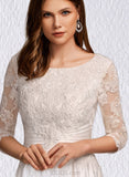 Dayana A-Line Scoop Tea-Length Satin Lace Wedding Dress UKP0017657