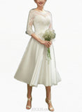 Kylee A-Line Illusion Tea-Length Satin Lace Wedding Dress UKP0017663