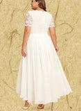 Marie A-Line V-neck Asymmetrical Chiffon Lace Wedding Dress UKP0017664