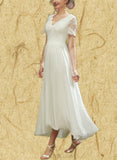 Marie A-Line V-neck Asymmetrical Chiffon Lace Wedding Dress UKP0017664