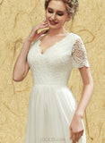 Marie A-Line V-neck Asymmetrical Chiffon Lace Wedding Dress UKP0017664