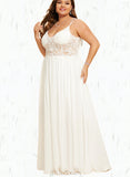 Janice A-Line V-neck Floor-Length Chiffon Lace Wedding Dress With Beading UKP0017665