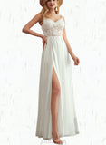 Janice A-Line V-neck Floor-Length Chiffon Lace Wedding Dress With Beading UKP0017665