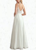 Janice A-Line V-neck Floor-Length Chiffon Lace Wedding Dress With Beading UKP0017665