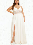 Janice A-Line V-neck Floor-Length Chiffon Lace Wedding Dress With Beading UKP0017665