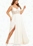 Janice A-Line V-neck Floor-Length Chiffon Lace Wedding Dress With Beading UKP0017665