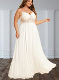 Carolina A-Line V-neck Floor-Length Chiffon Lace Wedding Dress UKP0017666