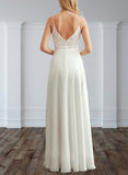 Carolina A-Line V-neck Floor-Length Chiffon Lace Wedding Dress UKP0017666