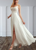 Carolina A-Line V-neck Floor-Length Chiffon Lace Wedding Dress UKP0017666