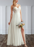 Carolina A-Line V-neck Floor-Length Chiffon Lace Wedding Dress UKP0017666