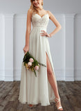 Carolina A-Line V-neck Floor-Length Chiffon Lace Wedding Dress UKP0017666