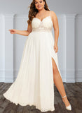 Carolina A-Line V-neck Floor-Length Chiffon Lace Wedding Dress UKP0017666