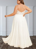 Carolina A-Line V-neck Floor-Length Chiffon Lace Wedding Dress UKP0017666