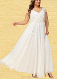 Diamond A-Line V-neck Floor-Length Chiffon Lace Wedding Dress With Beading Sequins UKP0017667