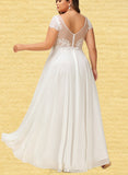 Diamond A-Line V-neck Floor-Length Chiffon Lace Wedding Dress With Beading Sequins UKP0017667