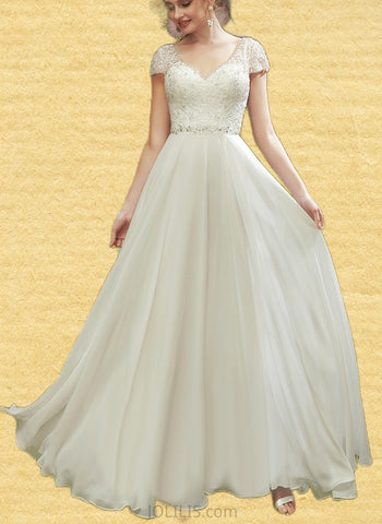 Diamond A-Line V-neck Floor-Length Chiffon Lace Wedding Dress With Beading Sequins UKP0017667