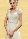 Diamond A-Line V-neck Floor-Length Chiffon Lace Wedding Dress With Beading Sequins UKP0017667