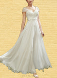 Diamond A-Line V-neck Floor-Length Chiffon Lace Wedding Dress With Beading Sequins UKP0017667